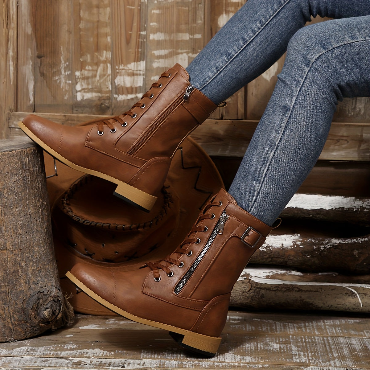 Bottes à Lacets Femme Similicuir, Zip et Bride à Boucle, vue 11