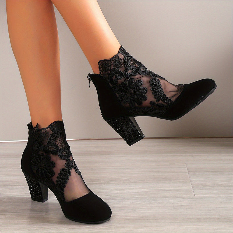 Bottines Femme Dentelle Florale sur Résille – coloris noir