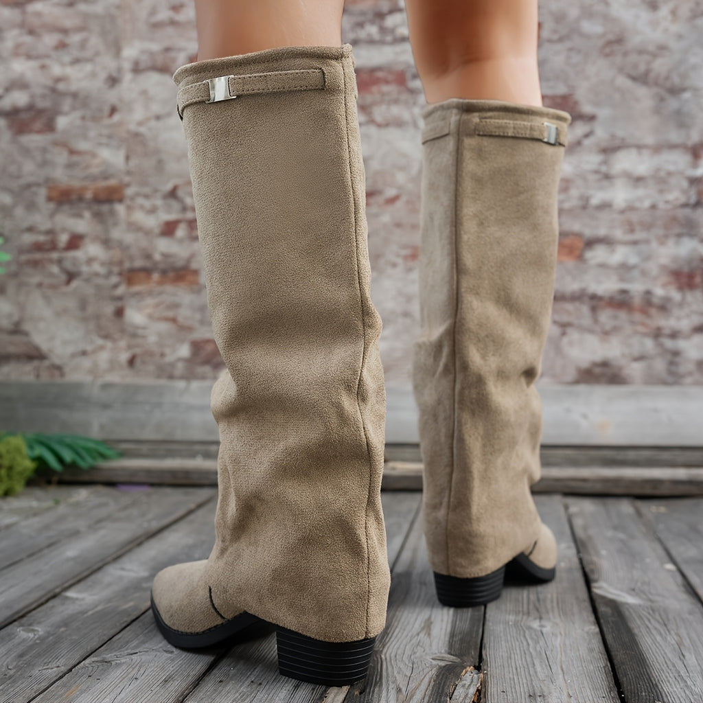 Bottes Hautes Femme à Revers, Aspect Daim, Bout Pointu, vue 10