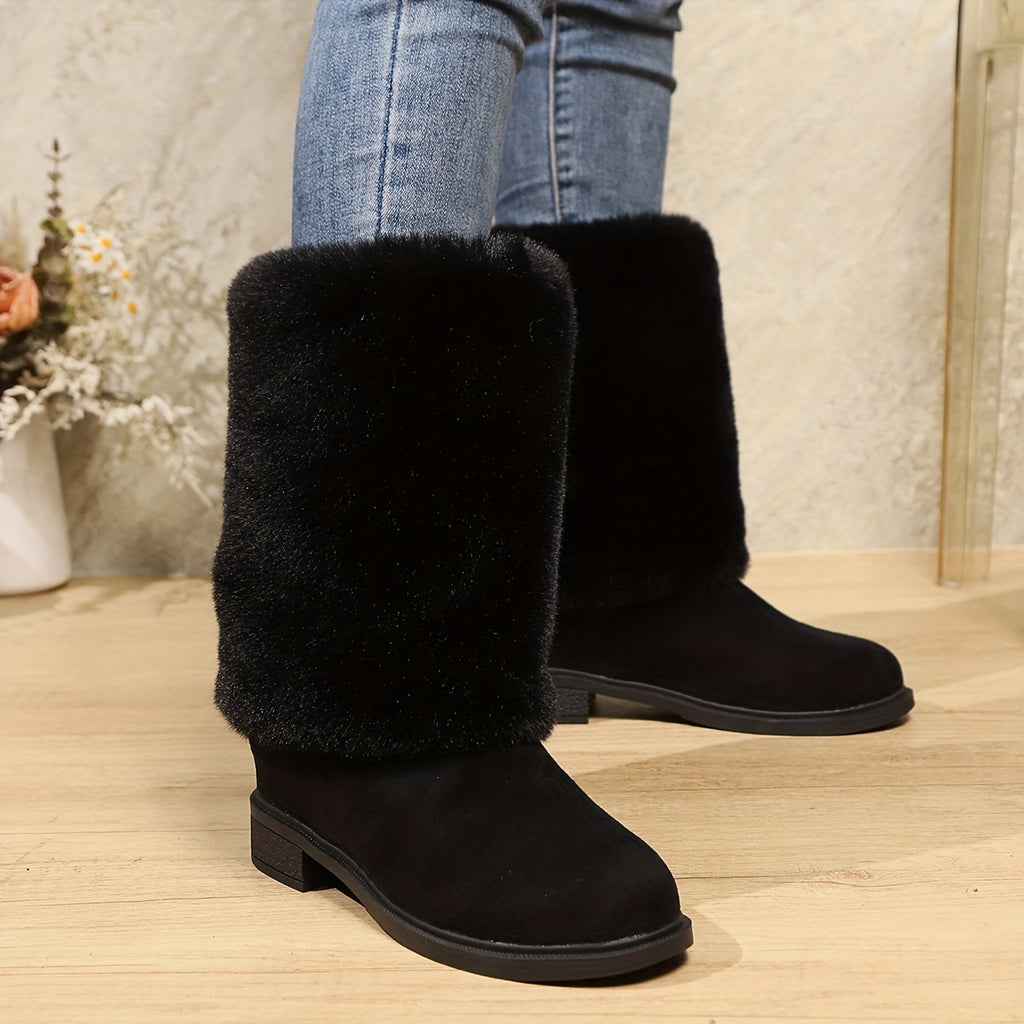 Bottes Femme Peluche, Revers Fausse Fourrure – coloris noir