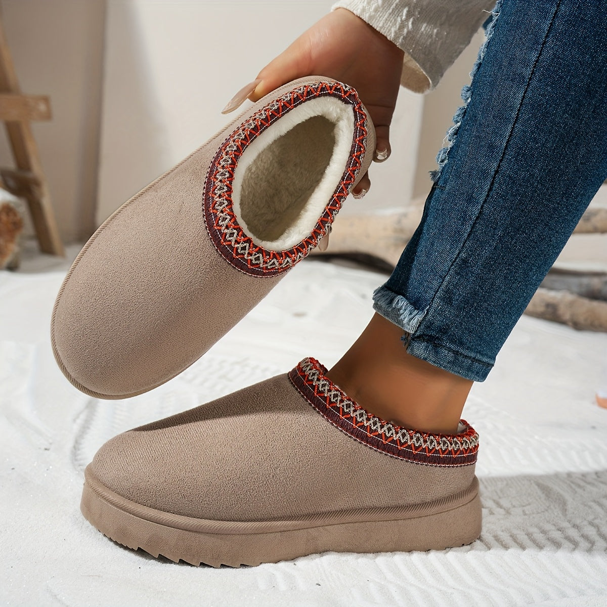 Chaussons Bottes Femme Tissu, Doublure Polaire – coloris beige
