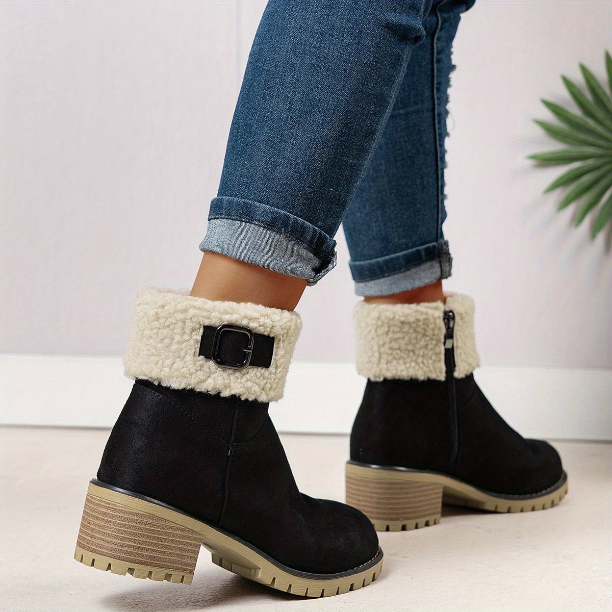 Bottes Fourrées Femme Courtes, Col Sherpa, Aspect Daim, vue 3