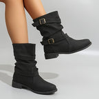 Bottes Mi-Mollet Femme Similicuir Vieilli, Double Boucle – coloris noir