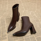 Bottines Femme Similicuir, Talon Haut, Bout Pointu Métal – coloris marron foncé