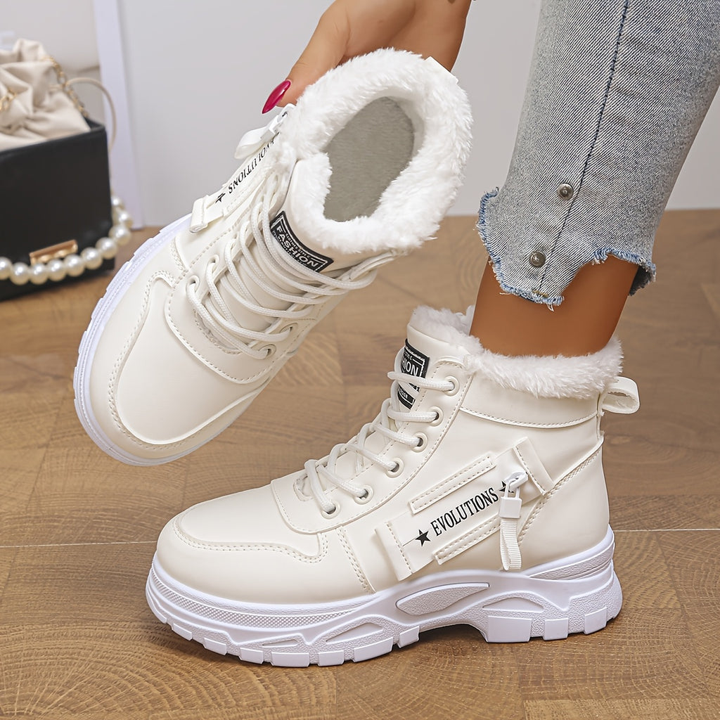 Bottes Fourrées Femme Style Basket, Similicuir, Lacets – coloris blanc