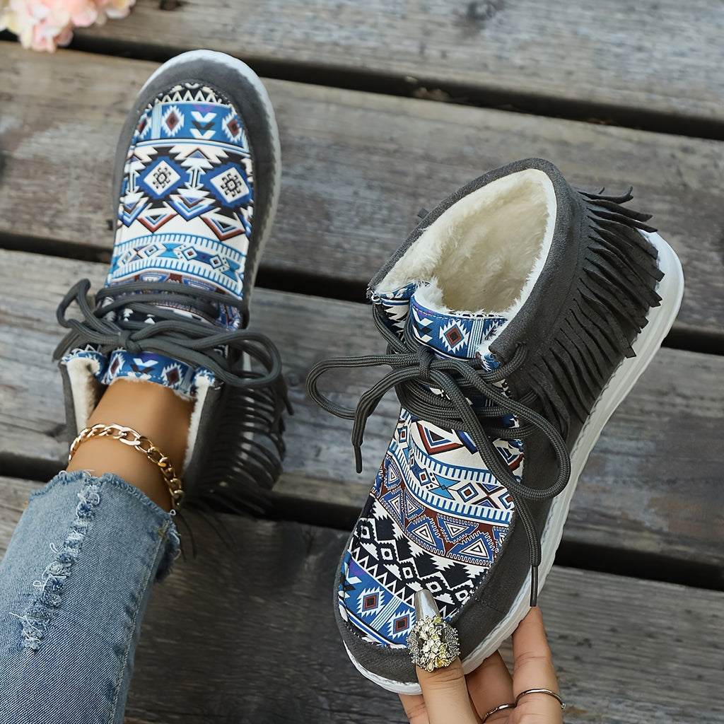 Bottines Mocassin Femme, Franges et Imprimé Aztèque – coloris gris foncé
