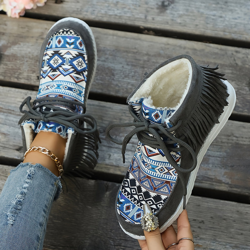Bottines Mocassin Femme, Franges et Imprimé Aztèque – coloris gris foncé