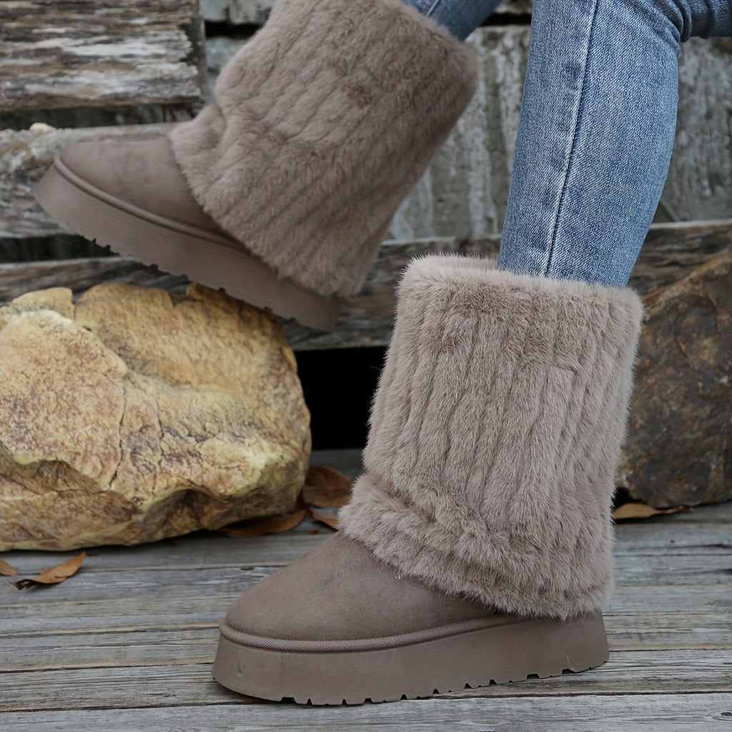 Bottes Fausse Fourrure Femme, Semelle Plateforme, Taupe, vue 3