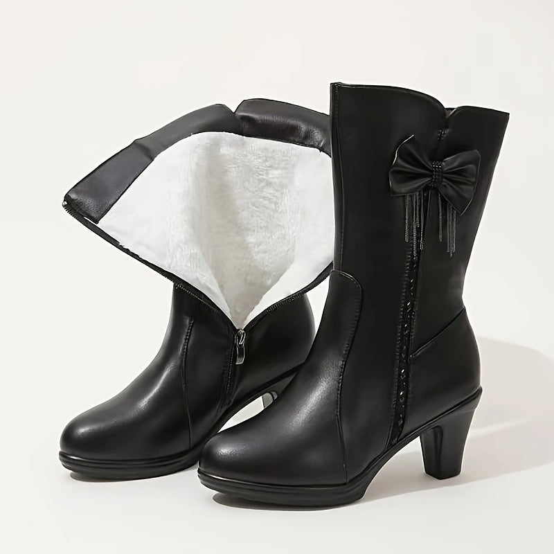 Bottes Mi-Hautes Femme Similicuir, Nœud – coloris noir