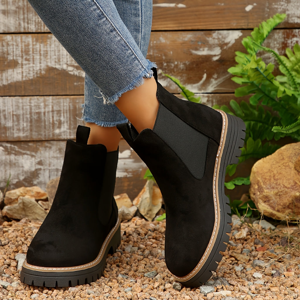 Bottines Chelsea Femme Semelle Crantée, Aspect Daim – coloris noir