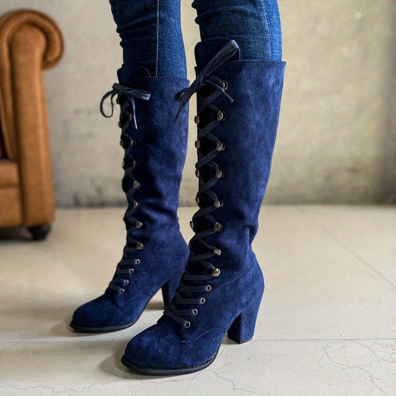 Bottes Hautes Femme à Lacets, Talon Bloc – coloris bleu