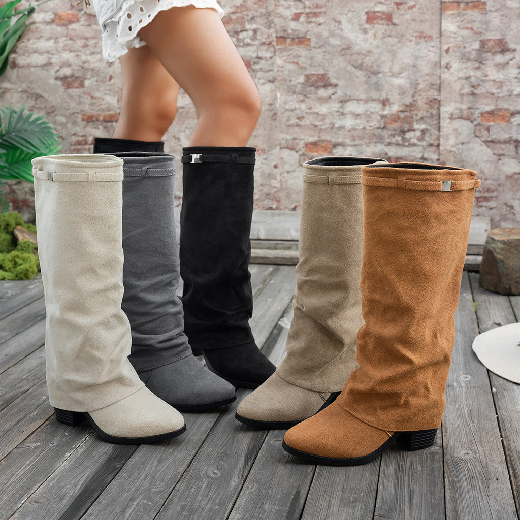 Bottes Hautes Femme à Revers, Aspect Daim, Bout Pointu, vue 15