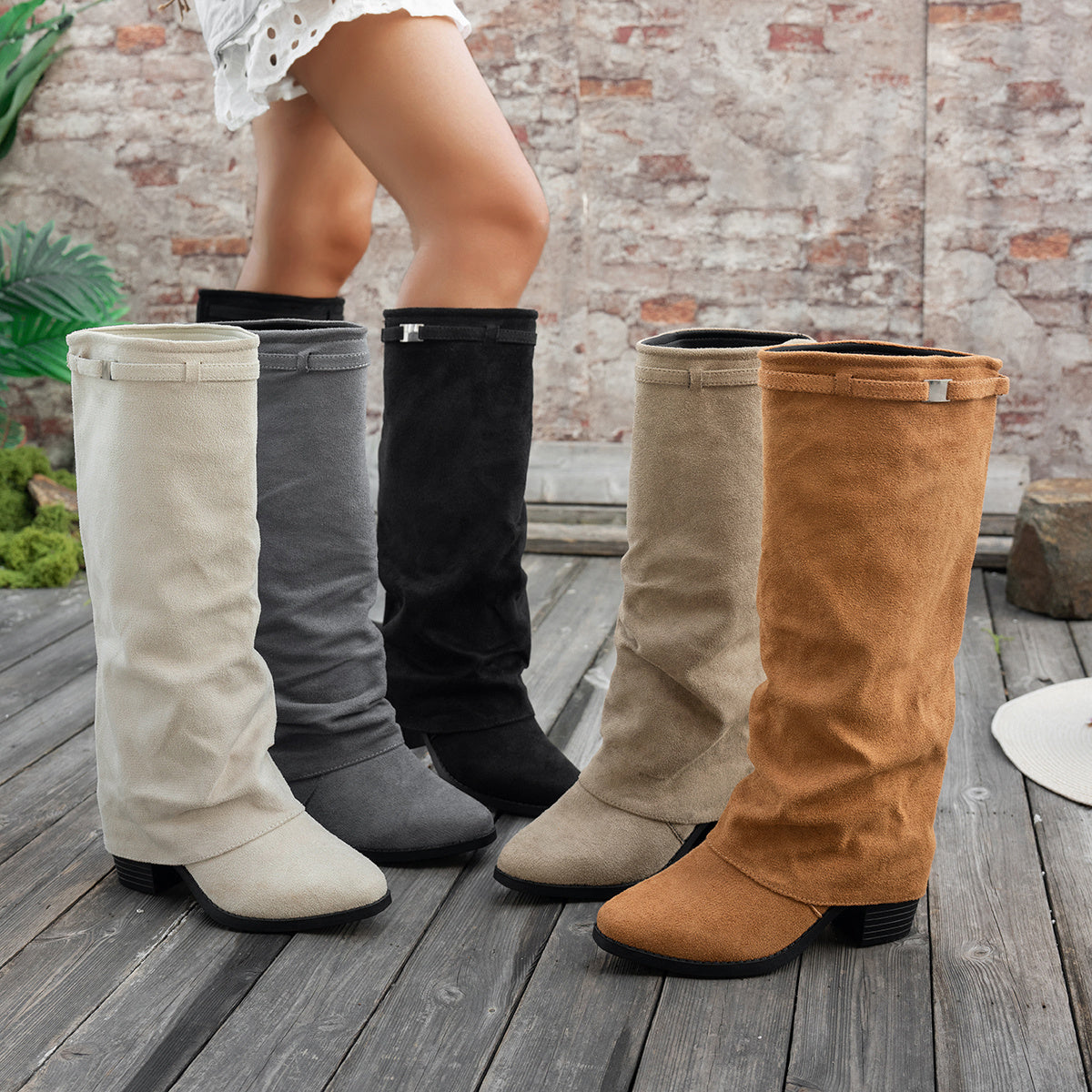 Bottes Hautes Femme à Revers, Aspect Daim, Bout Pointu, vue 15