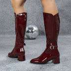 Bottes Femme Vernies Bordeaux, Similicuir, Zip et Boucle, vue 4