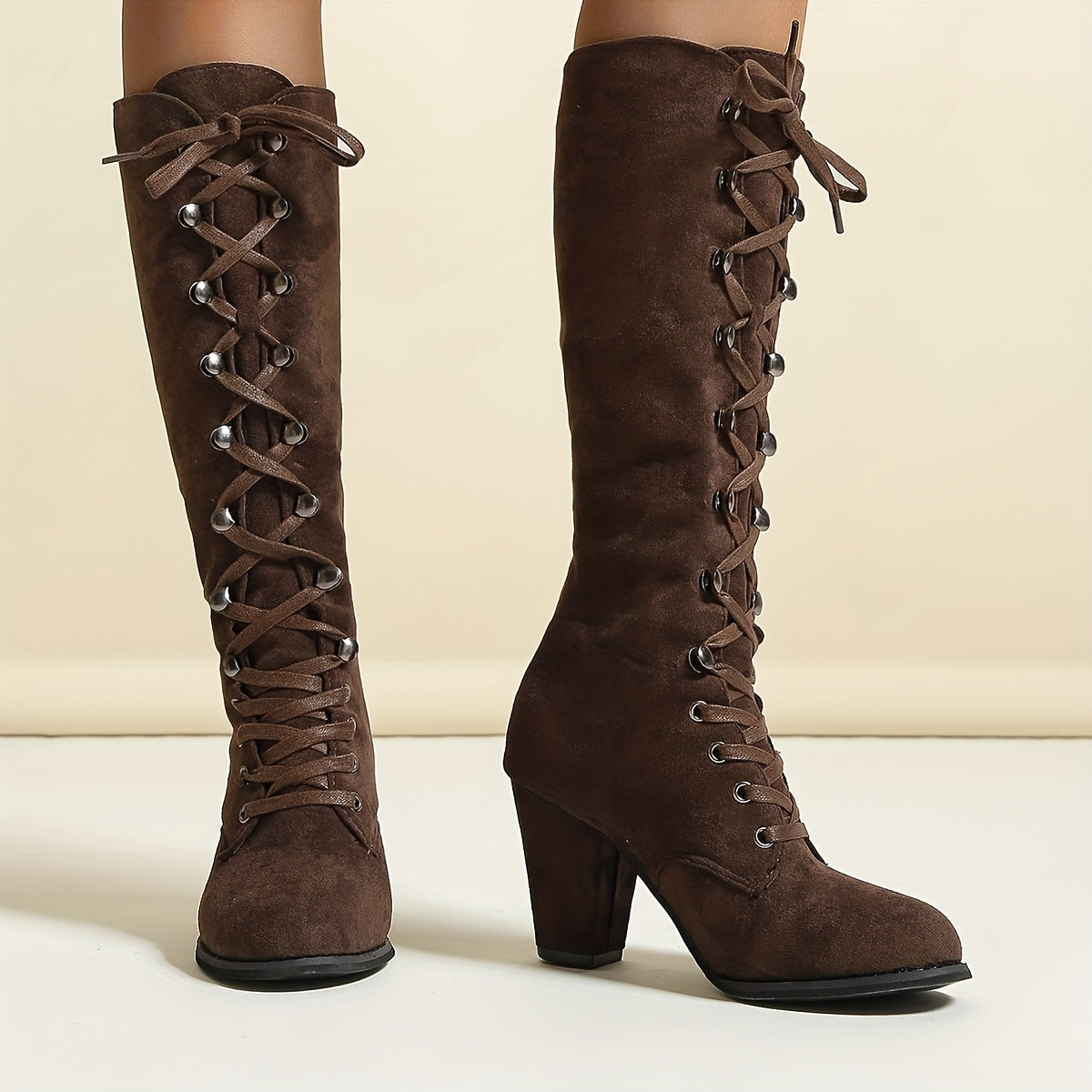 Bottes Hautes Femme à Lacets, Talon Bloc – coloris marron foncé, vue 3