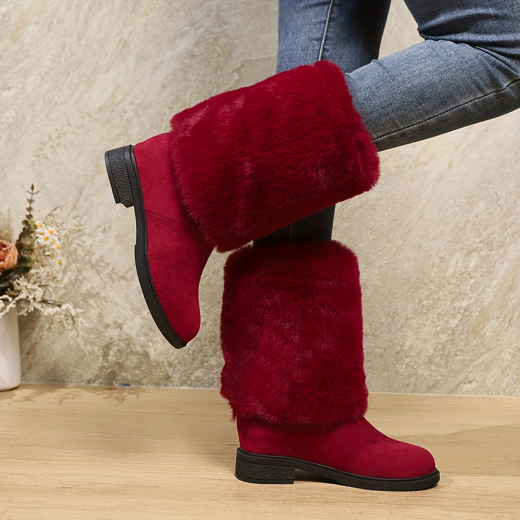 Bottes Femme Peluche, Revers Fausse Fourrure – coloris rouge