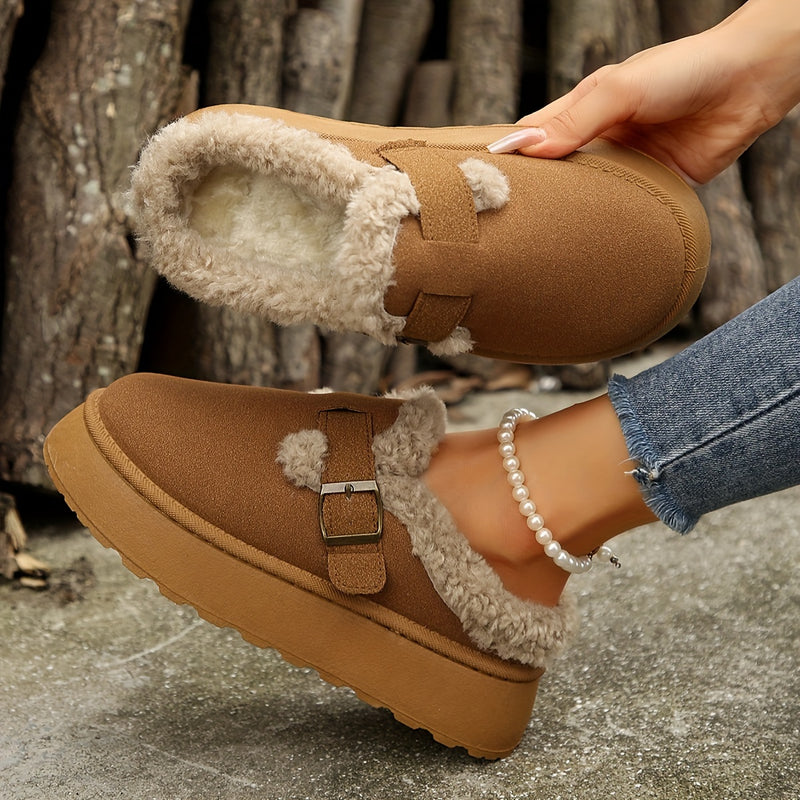 Chausson Botte Femme Aspect Daim, Col Peluche, Boucle, vue 3