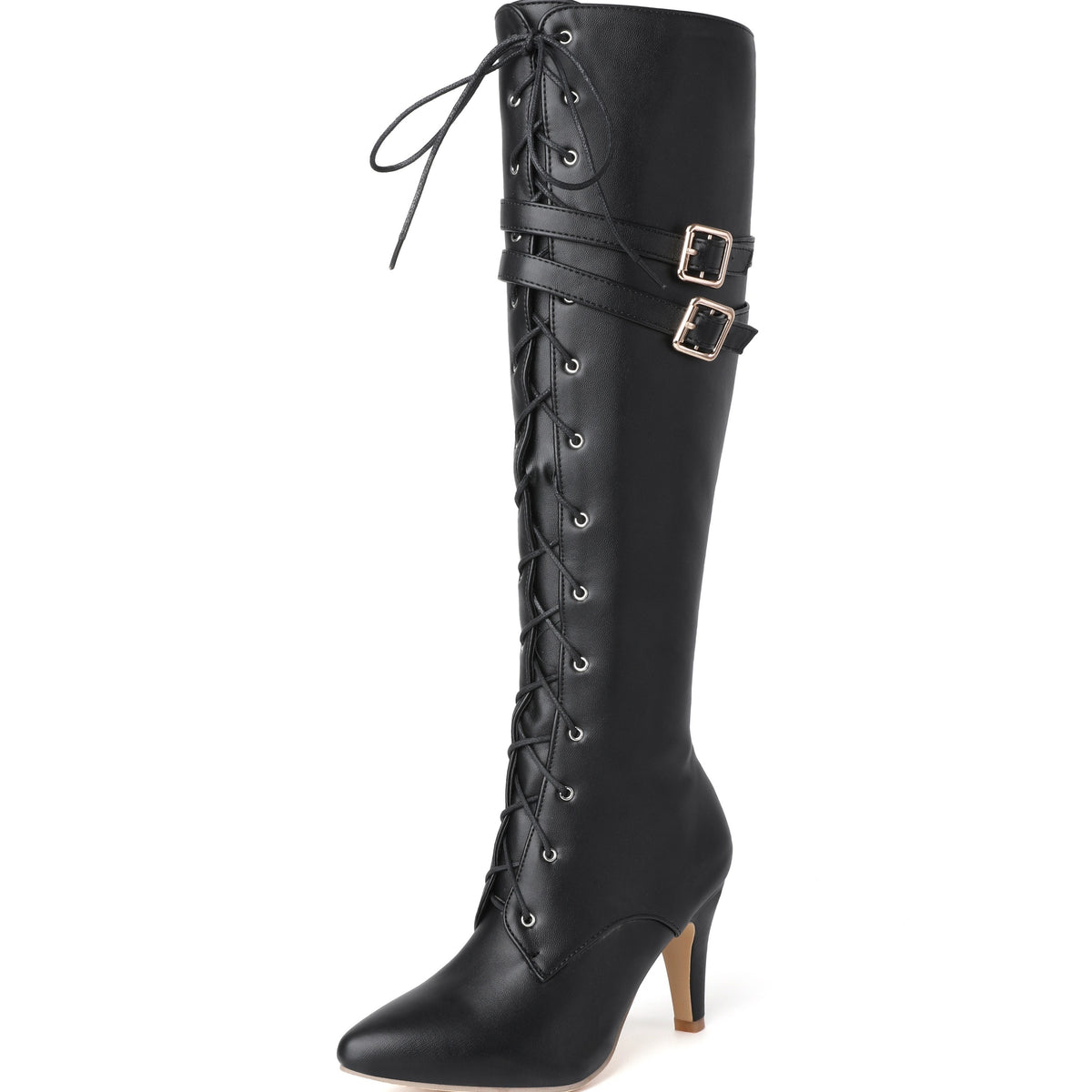 Bottes à Lacets Femme Hautes Similicuir, Talon Fin, Boucles – coloris noir