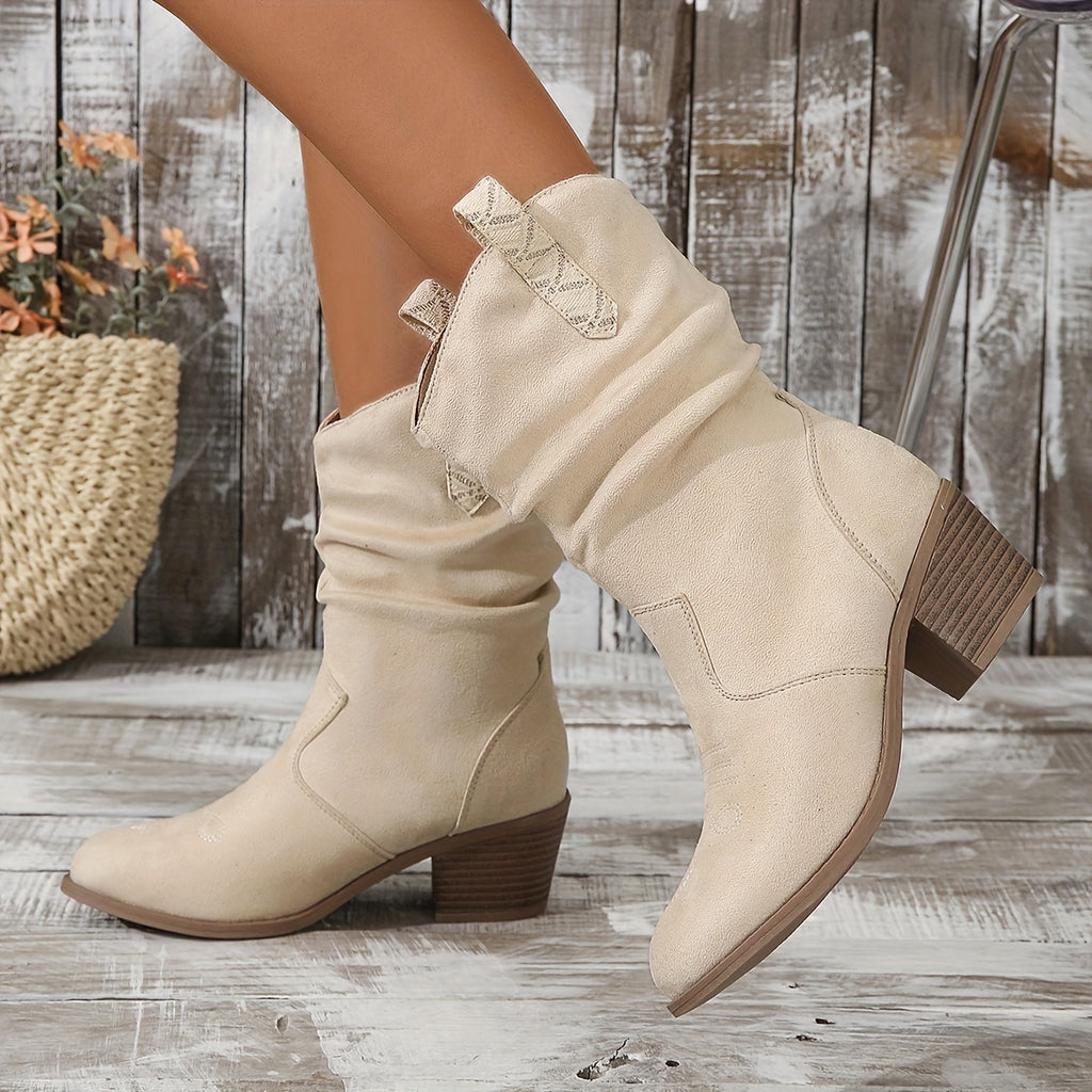 Bottes Western Femme Aspect Daim, Tige Froncée Brodée