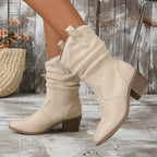 Bottes Western Femme Aspect Daim, Tige Froncée Brodée
