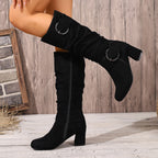 Bottes Mi-Mollet Femme Plissées, Boucle et Talon Bloc