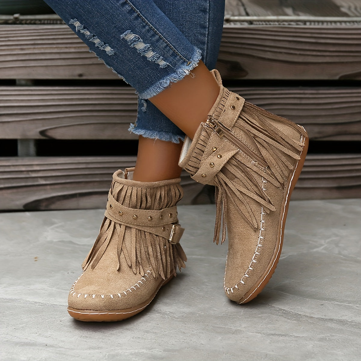 Bottines Femme à Franges Cloutées, Zip, vue 4
