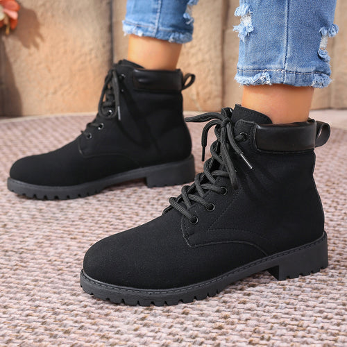 Bottes à Lacets Femme Aspect Daim, Col Contrasté, 4 Coloris – coloris noir