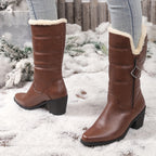 Bottes Mi-Hautes Femme Similicuir, Col Fourrure, Talon Bloc – coloris marron foncé