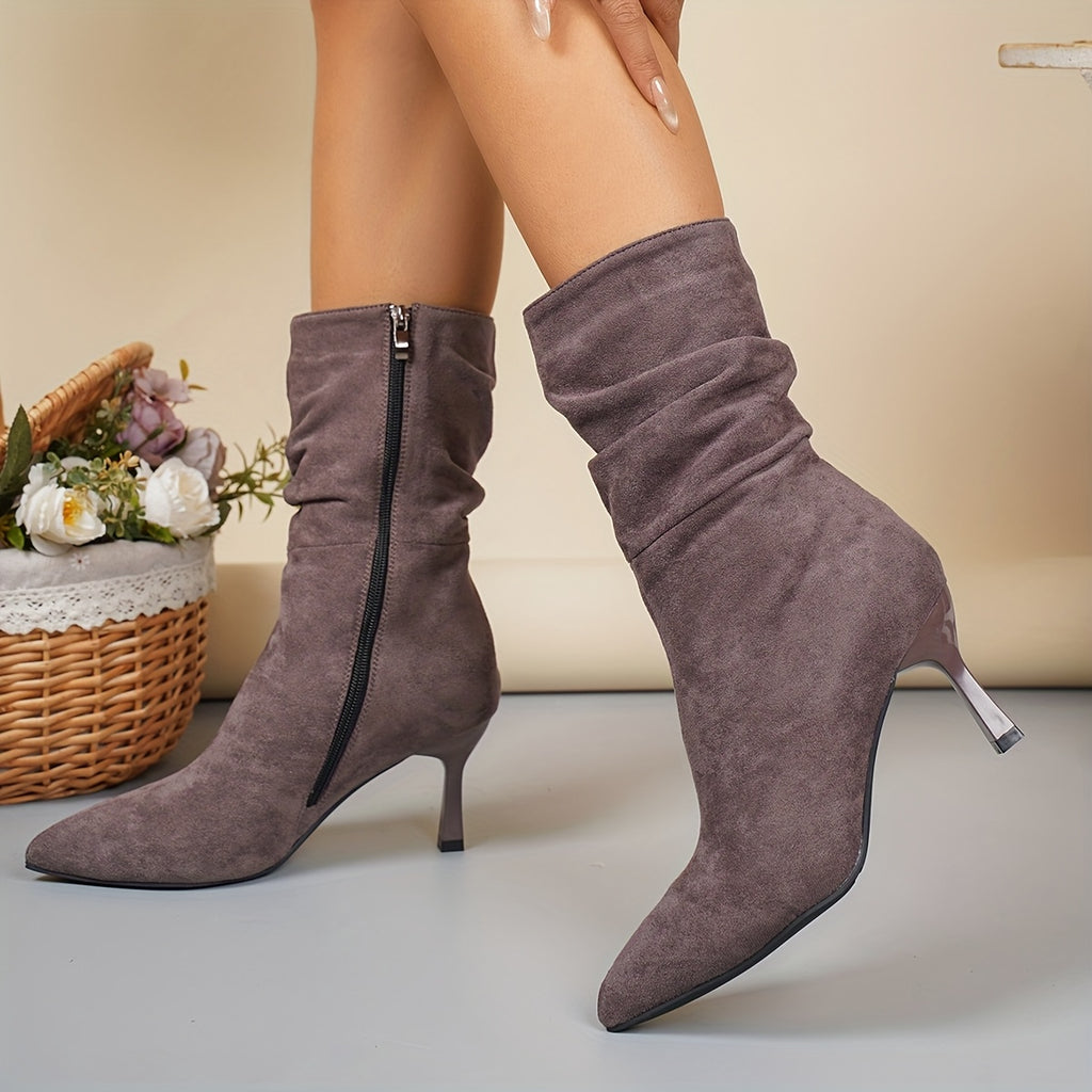Bottes Daim Femme, Talon Fin Plissé, vue 8