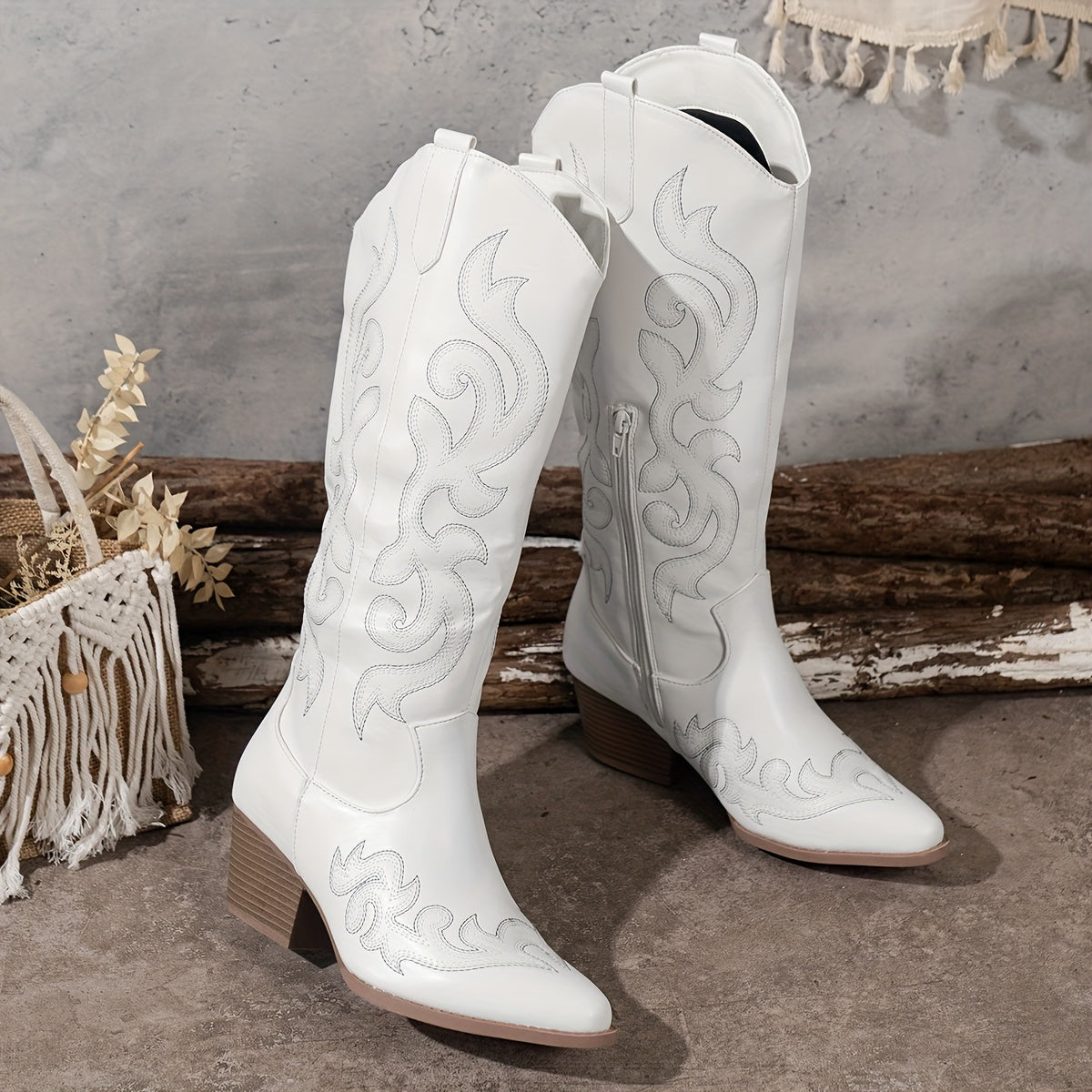 Bottes Cowboy Femme Hautes Brodées, Zip – coloris blanc, vue 5