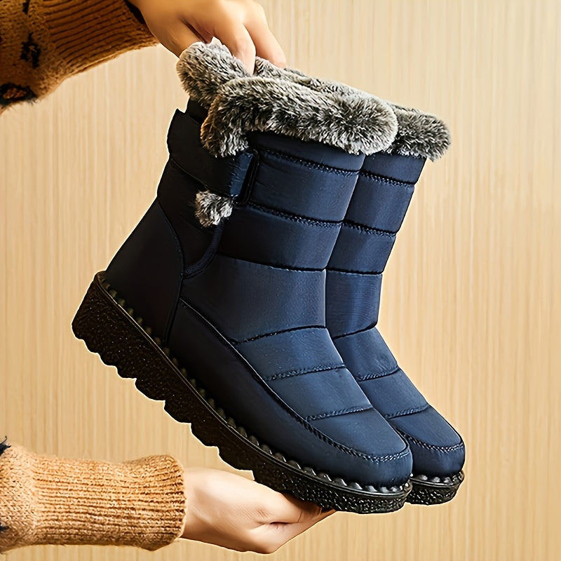 Bottes de Neige Femme Courtes, Col Fourrure, Bride – coloris bleu