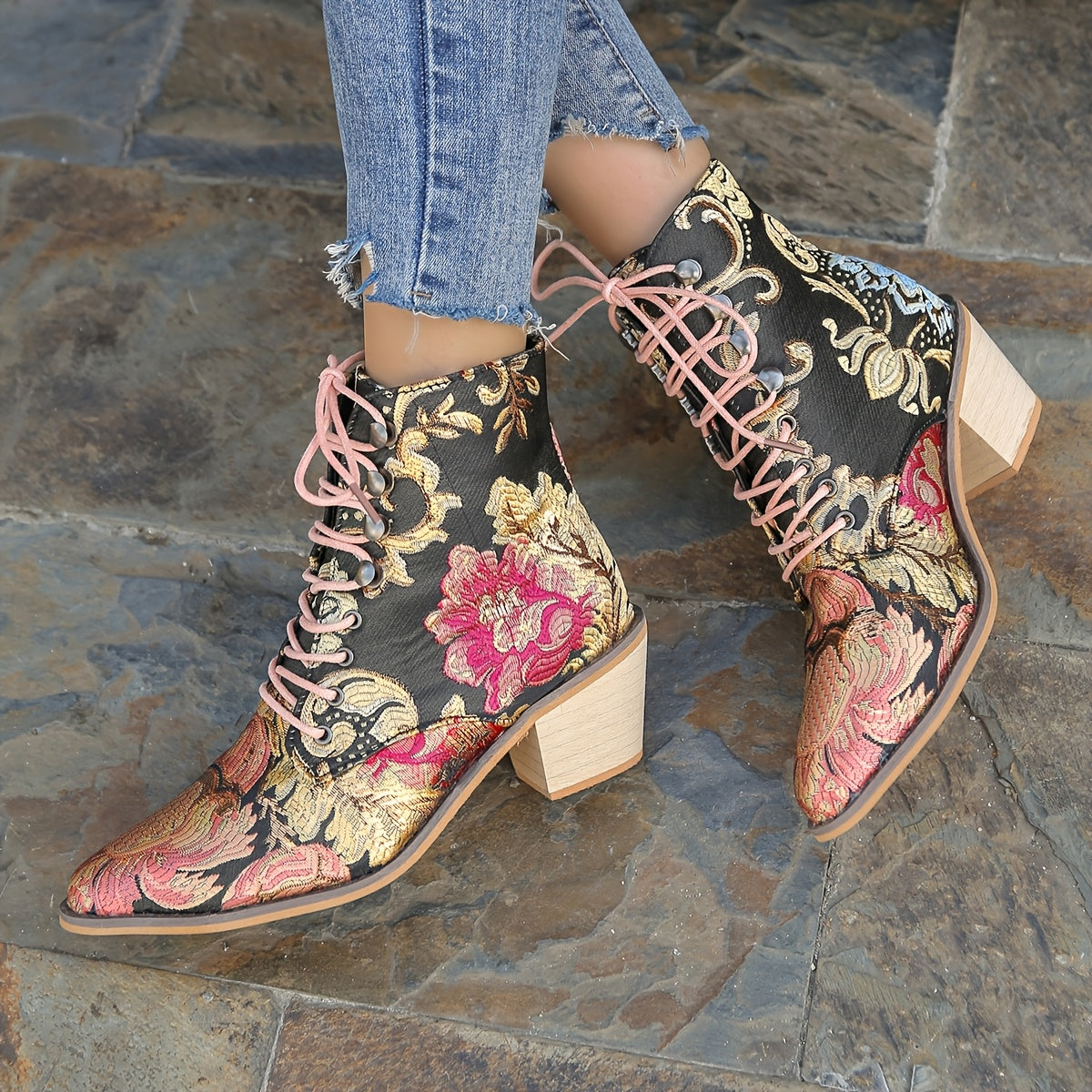 Bottes Brodées Fleurs, Talon Bloc, vue 10