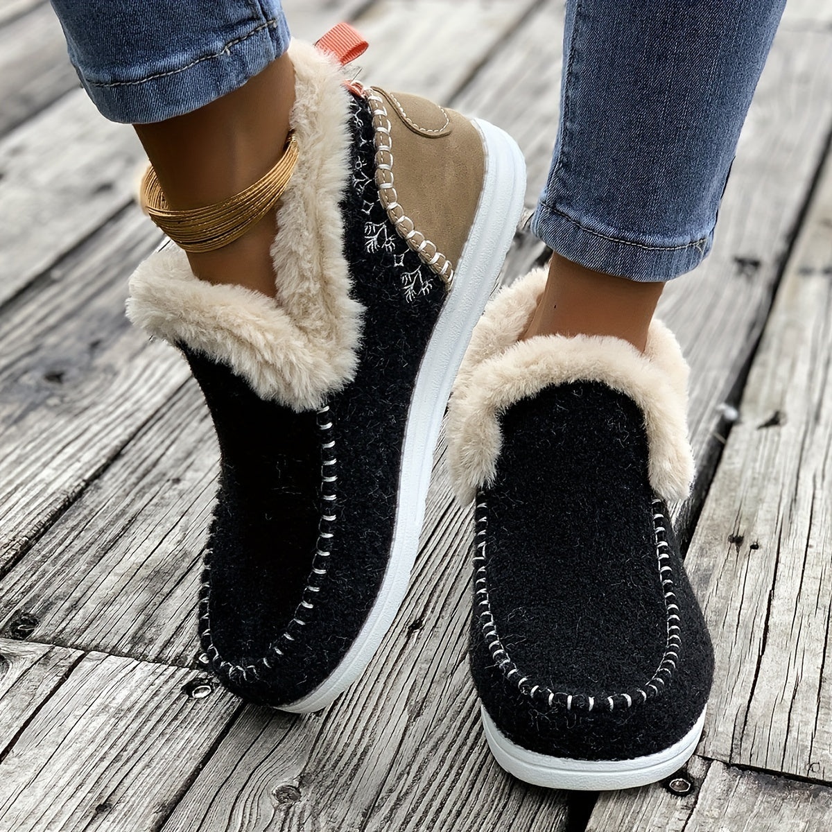 Bottines Femme Cheville, Flanelle, à Enfiler – coloris noir