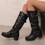 Bottes Motardes Femme Hautes, Similicuir Vieilli, Anneau