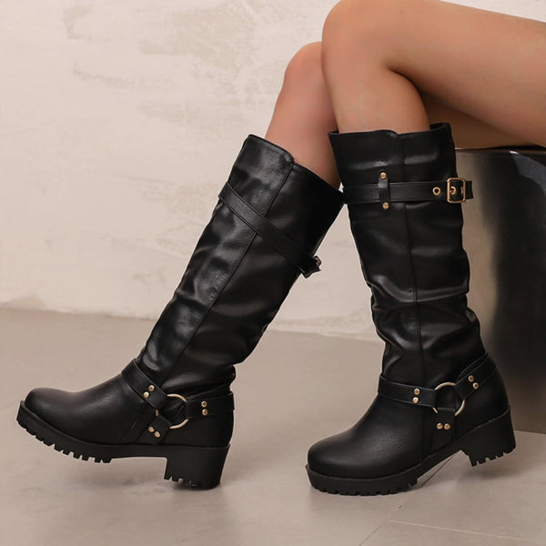 Bottes Motardes Femme Hautes, Similicuir Vieilli, Anneau