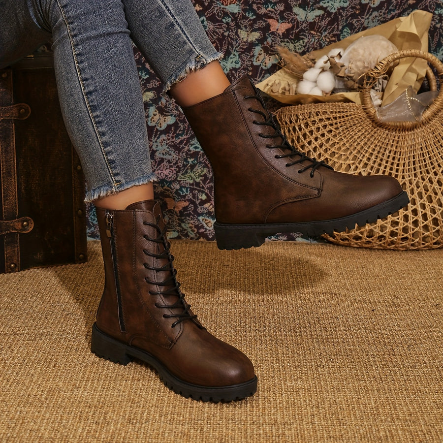 Bottes Motardes Femme, Lacets et Fermeture Zip – coloris marron foncé