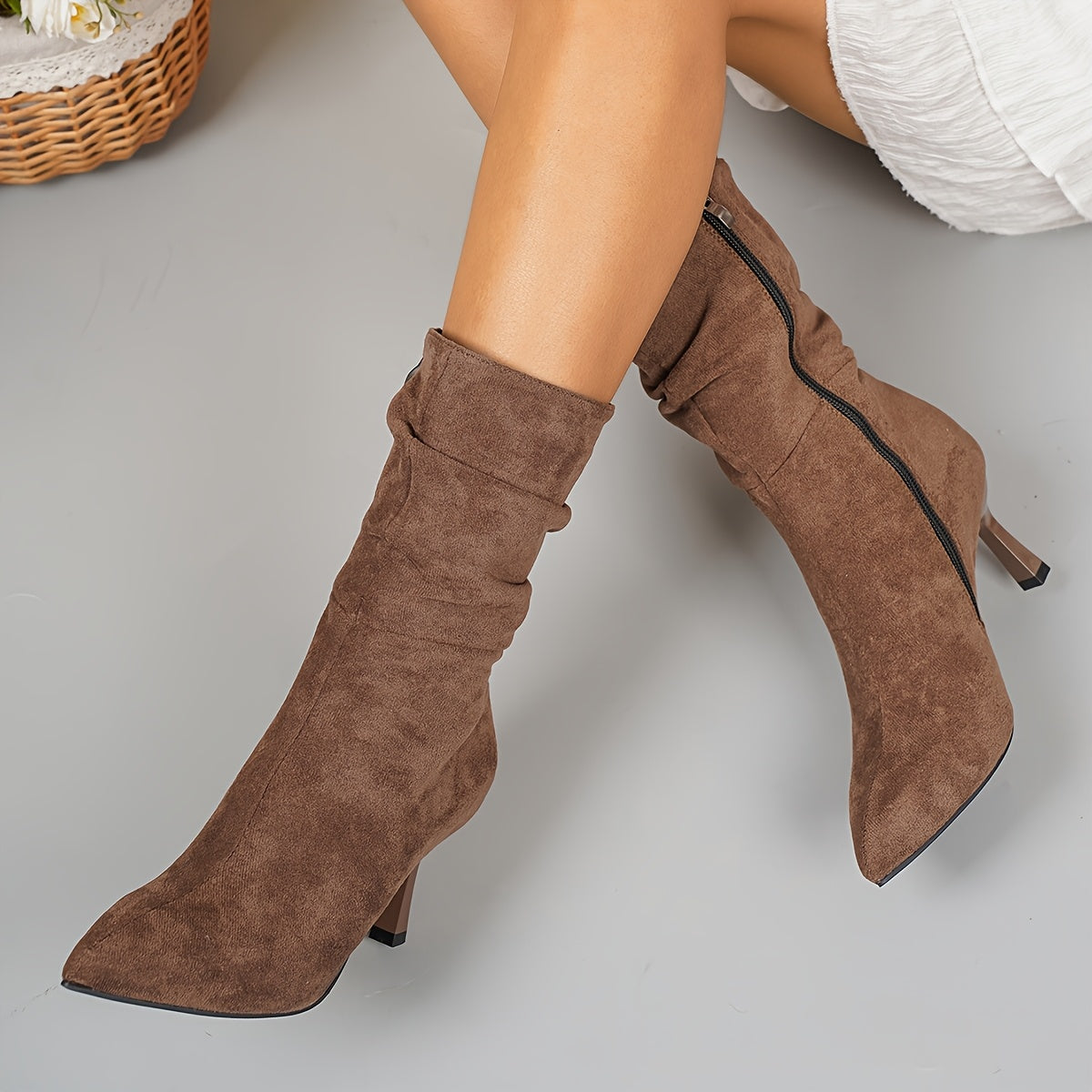 Bottes Daim Femme, Talon Fin Plissé, vue 2
