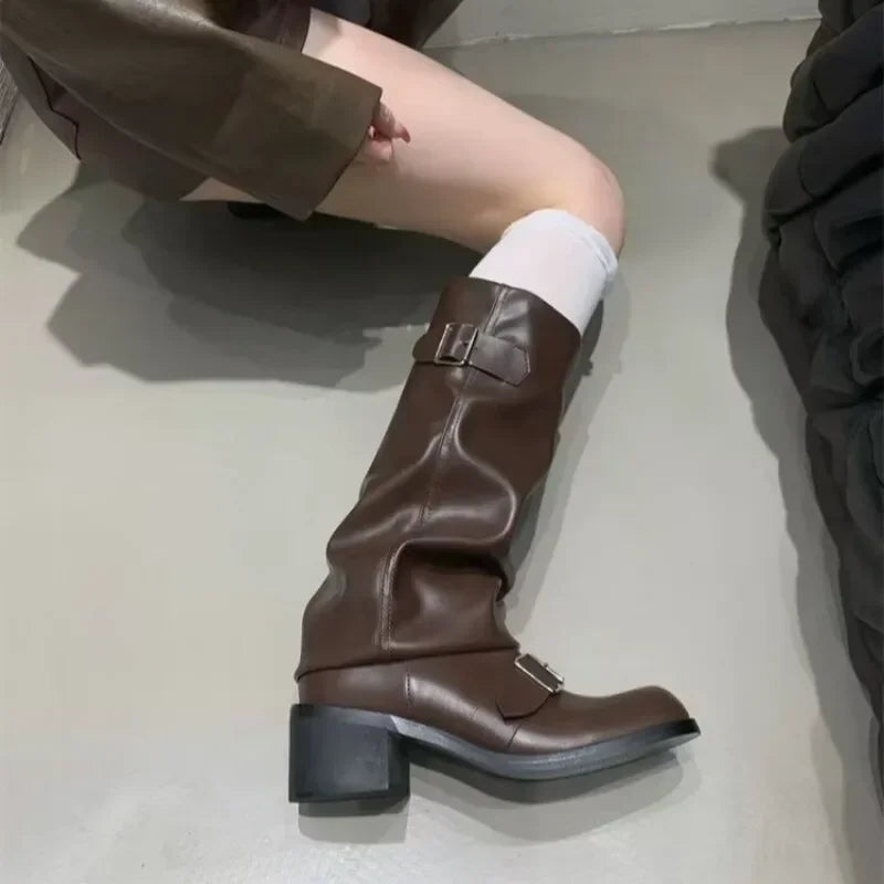 Bottes Motardes Femme Similicuir Plissées, Talon Bloc, vue 3