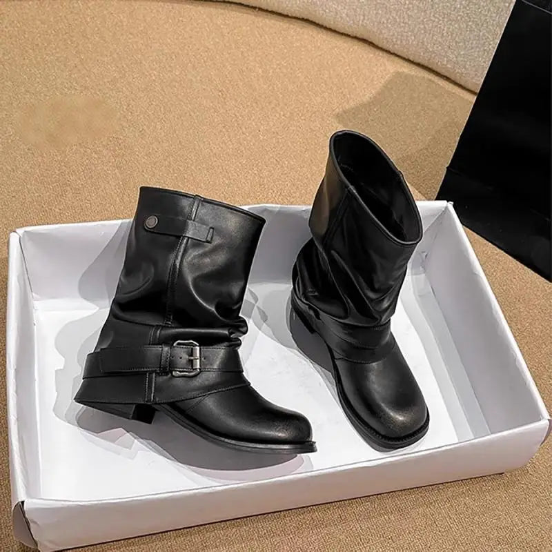 Bottes Motardes Femme Mi-Mollet Similicuir, Sangle à Boucle