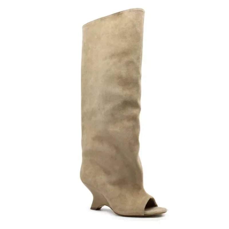 Bottes Hautes Femme Bout Ouvert, Microfibre, Talon Compensé – coloris beige clair