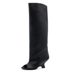 Bottes Hautes Femme Bout Ouvert, Microfibre, Talon Compensé – coloris noir lisse