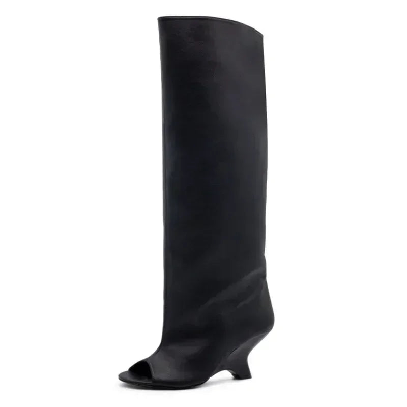 Bottes Hautes Femme Bout Ouvert, Microfibre, Talon Compensé – coloris noir lisse