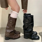 Bottes Motardes Femme Similicuir Plissées, Talon Bloc