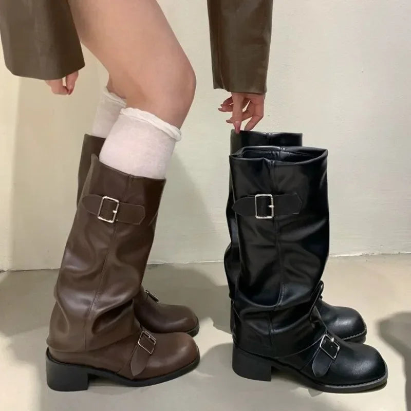 Bottes Motardes Femme Similicuir Plissées, Talon Bloc