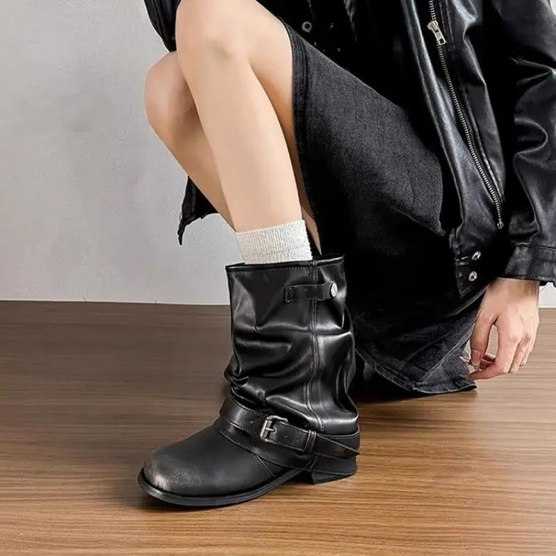 Bottes Motardes Femme Mi-Mollet Similicuir, Sangle à Boucle, vue 2