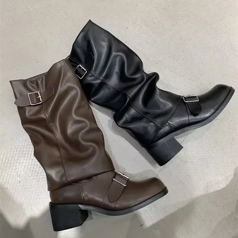 Bottes Motardes Femme Similicuir Plissées, Talon Bloc, vue 5