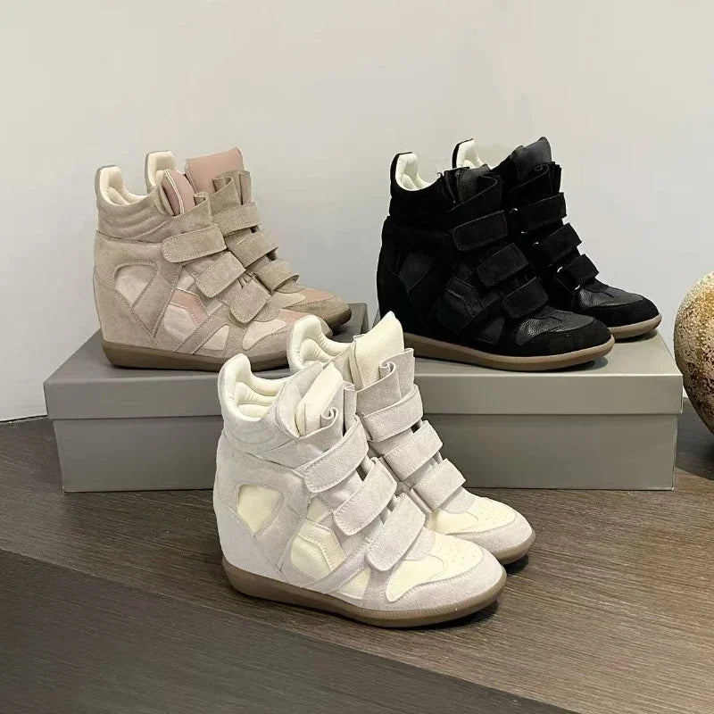 Bottines Compensées Femme Style Baskets, Croûte de Cuir