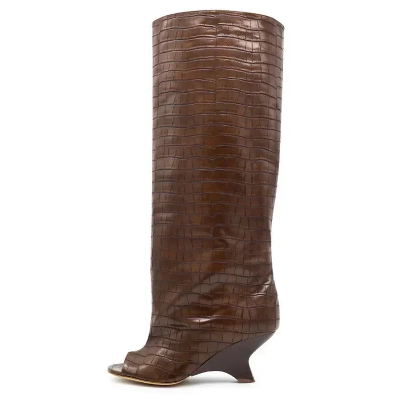 Bottes Hautes Femme Bout Ouvert, Microfibre, Talon Compensé – coloris marron croco