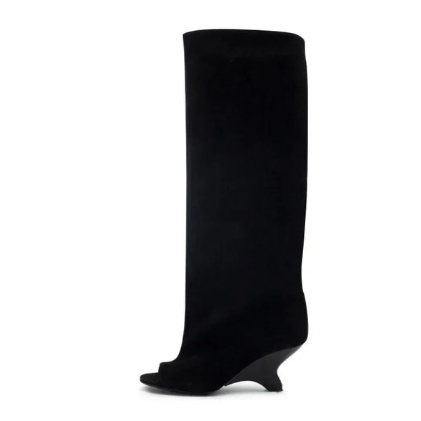 Bottes Hautes Femme Bout Ouvert, Microfibre, Talon Compensé – coloris noir