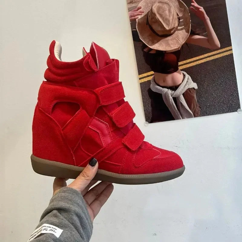 Bottines Compensées Femme Style Baskets, Croûte de Cuir – coloris rouge vif